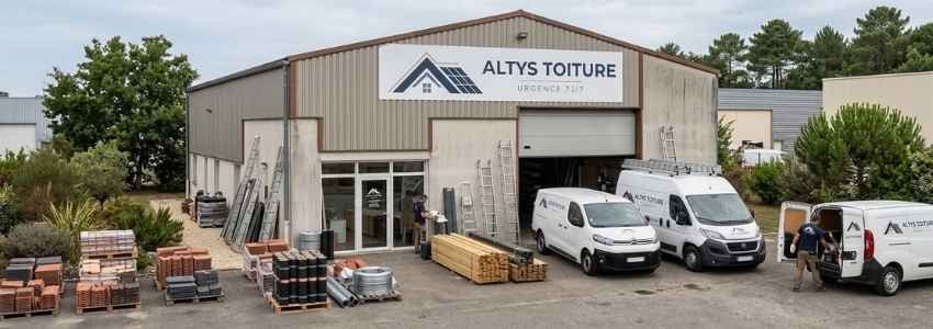 Le local d’Altys Toiture Soulac-sur-Mer : entrepôt logoté, fourgons, échelles et stock de tuiles et de liteaux